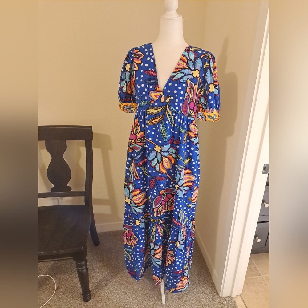 Tabitha Brown Target Blue Polka Dot Floral Puff Sleeve Maxi Dress Sz 4 EUC